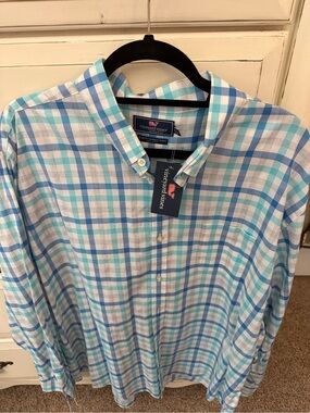 Vineyard Vines slim fit Murray Teal, Light Blue & White Plaid Button-Down Shirt